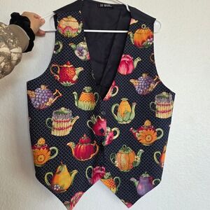 111 MAIN Women's Black Novelty Teapot Fruit Vegetable Print Vest